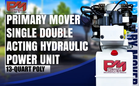 Primary Mover 12Vdc Single Double Pump, featuring a white container, multiple wires, and a red button, designed for versatile hydraulic applications.