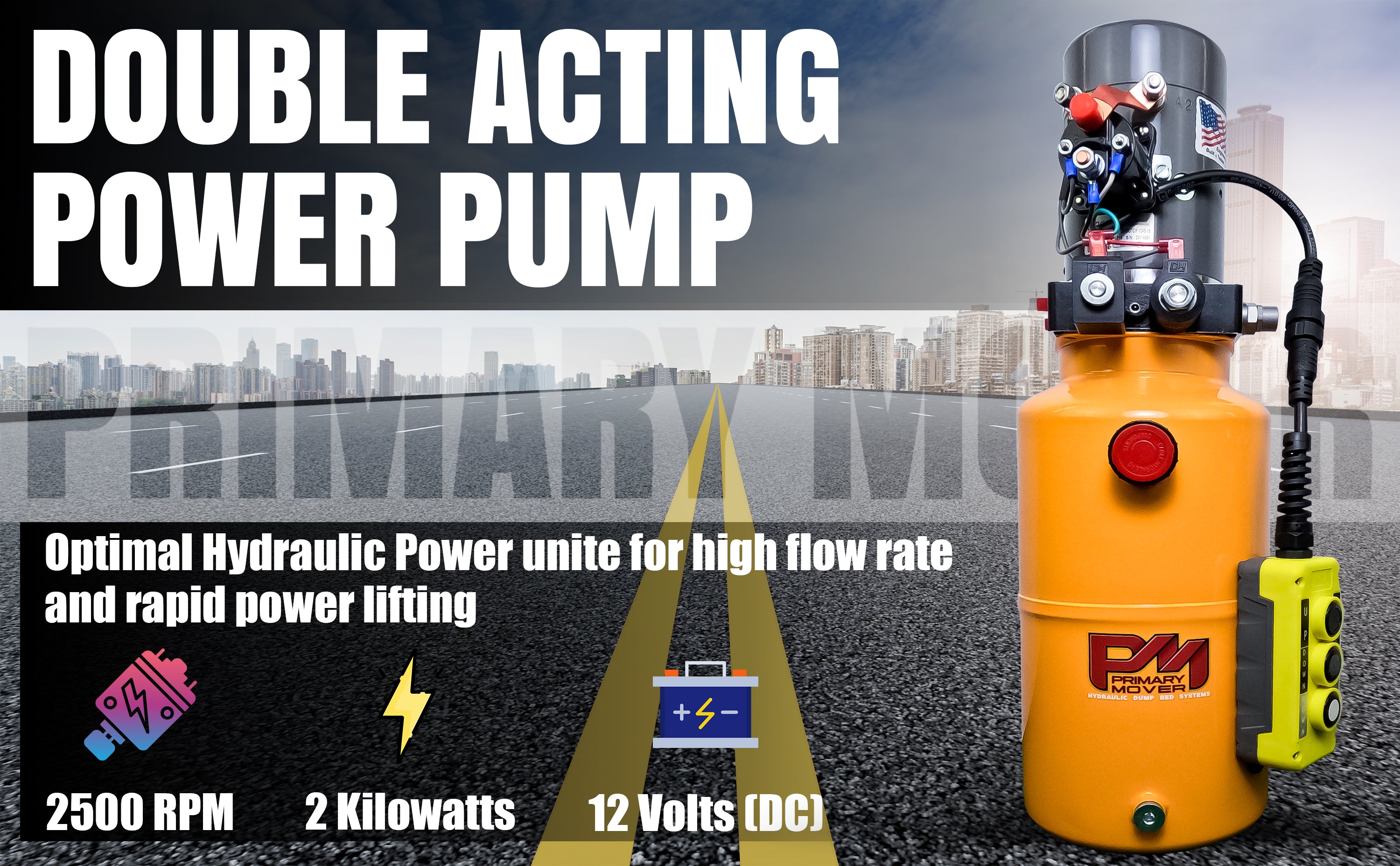 KTI 12V Double-Acting Hydraulic Pump with a steel reservoir, featuring a red top button and compact, durable design for efficient hydraulic dump bed systems.