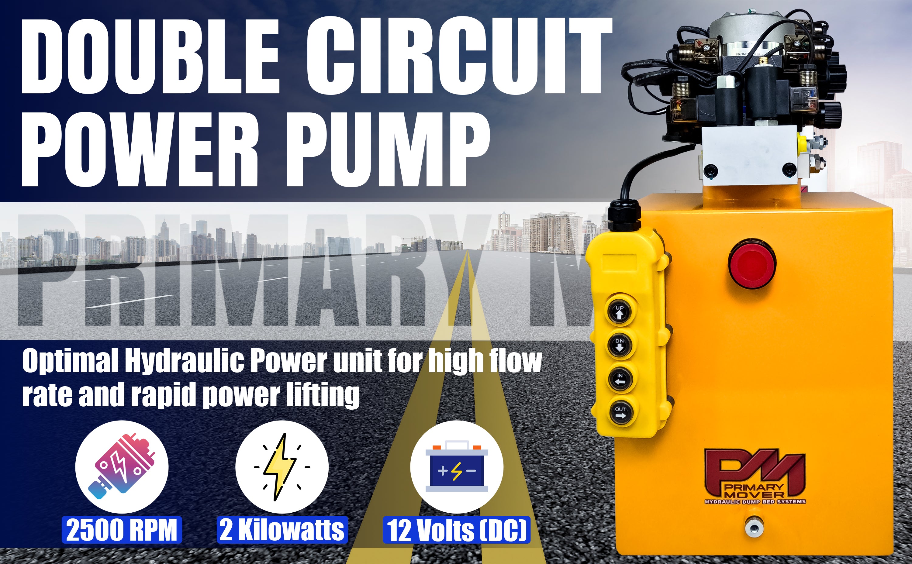 Primary Mover 12Vdc Single Double Pump featuring a yellow machine with a prominent red button for versatile hydraulic applications.