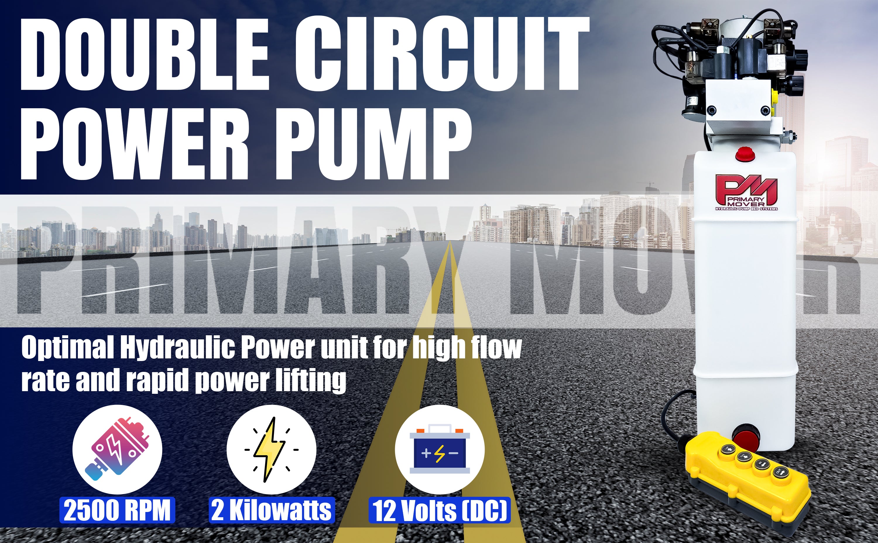 Primary Mover 12Vdc Single Double Pump on a road, showcasing its versatile hydraulic functionality and robust construction against a city backdrop.