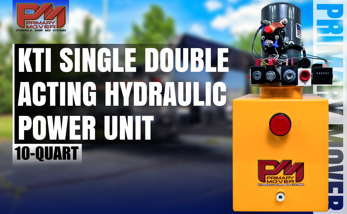 KTI 12Vdc Single/Double Hydraulic Power Unit with red buttons, visible screw, and logo, designed for versatile, dual-function hydraulic applications, ideal for dump trailers.