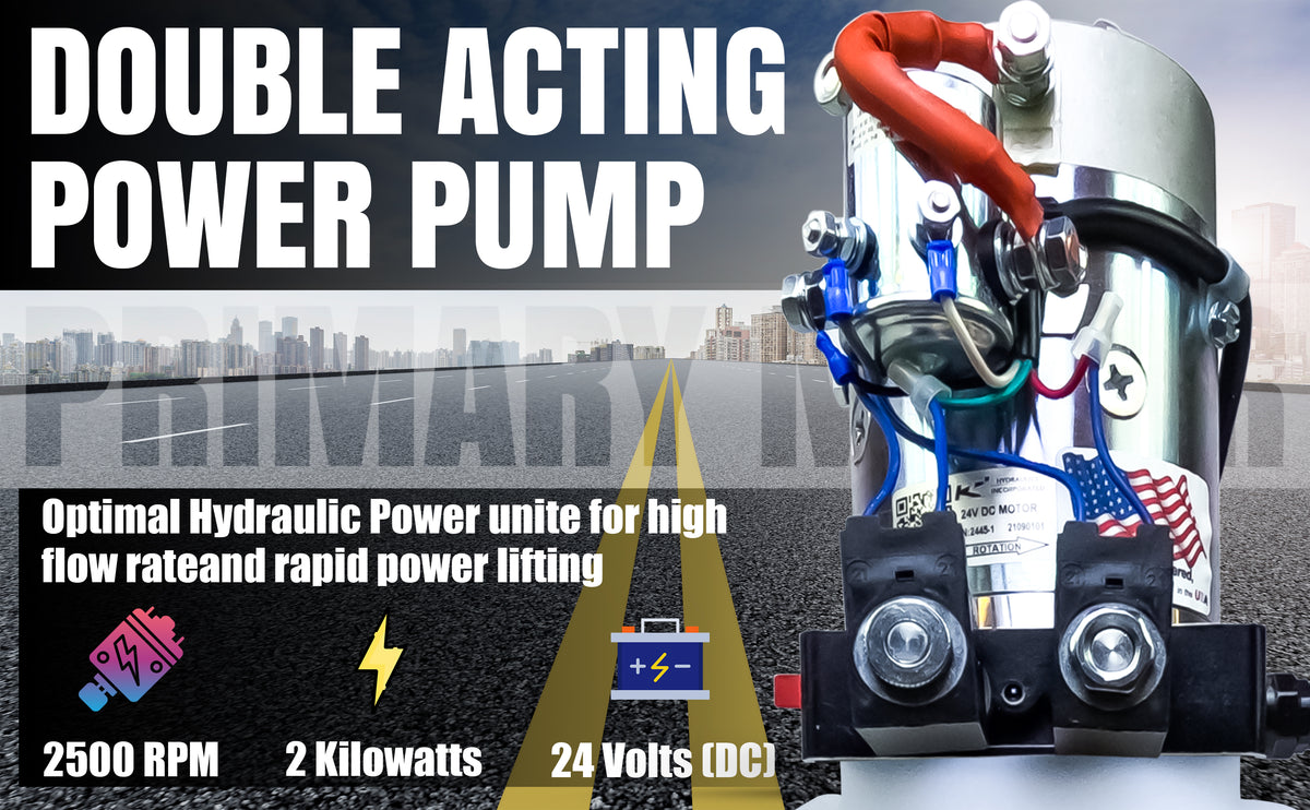 KTI 24Vdc Double Acting Hydraulic Power Unit, showcasing a compact hydraulic system with visible motor and reservoir, designed for heavy-duty applications like dump trucks and trailers.