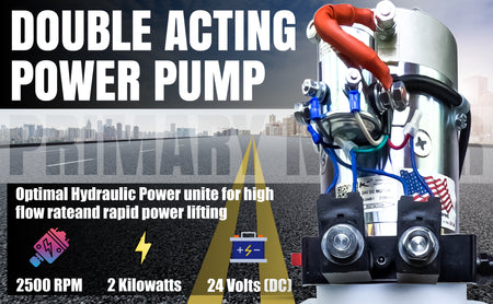 KTI 24Vdc Double Acting Hydraulic Power Unit, showcasing a compact hydraulic system with visible motor and reservoir, designed for heavy-duty applications like dump trucks and trailers.