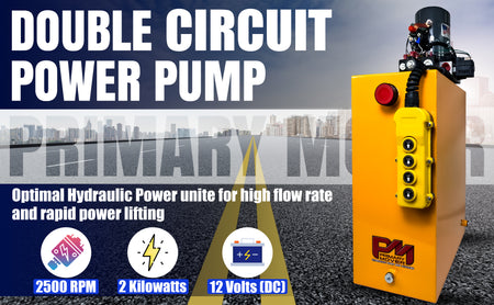 KTI 12Vdc Single/Double Hydraulic Power Unit with control panel and buttons, ideal for versatile hydraulic applications in dump trailers.