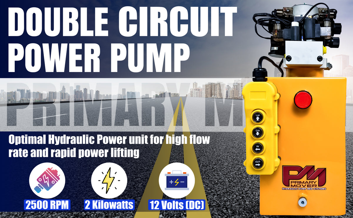 Primary Mover 12Vdc Single Double Pump with buttons, wires, and a red emergency stop button, designed for versatile and efficient hydraulic performance.