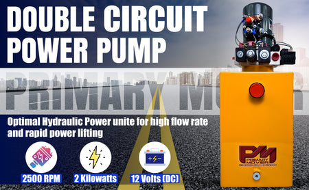 KTI 12Vdc Single Double Hydraulic Power Unit with yellow body, red logo, and visible controls, ideal for single-acting dump trailers and hydraulic applications.