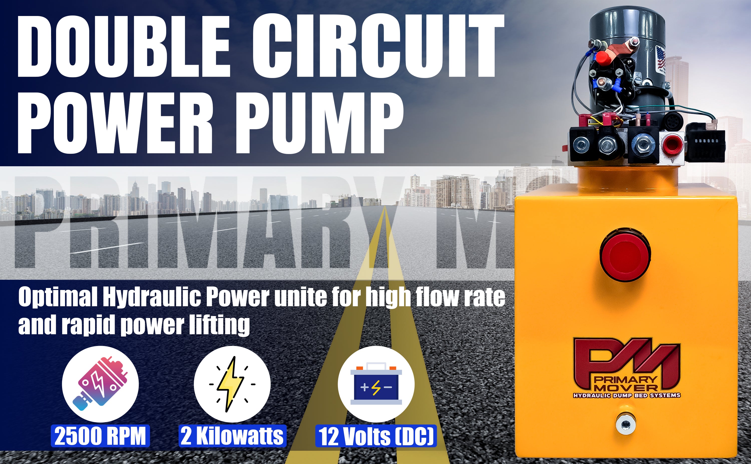 KTI 12vdc Single/Double Hydraulic Power Unit featuring a yellow machine with a red button, ideal for versatile hydraulic applications in dump trailers.