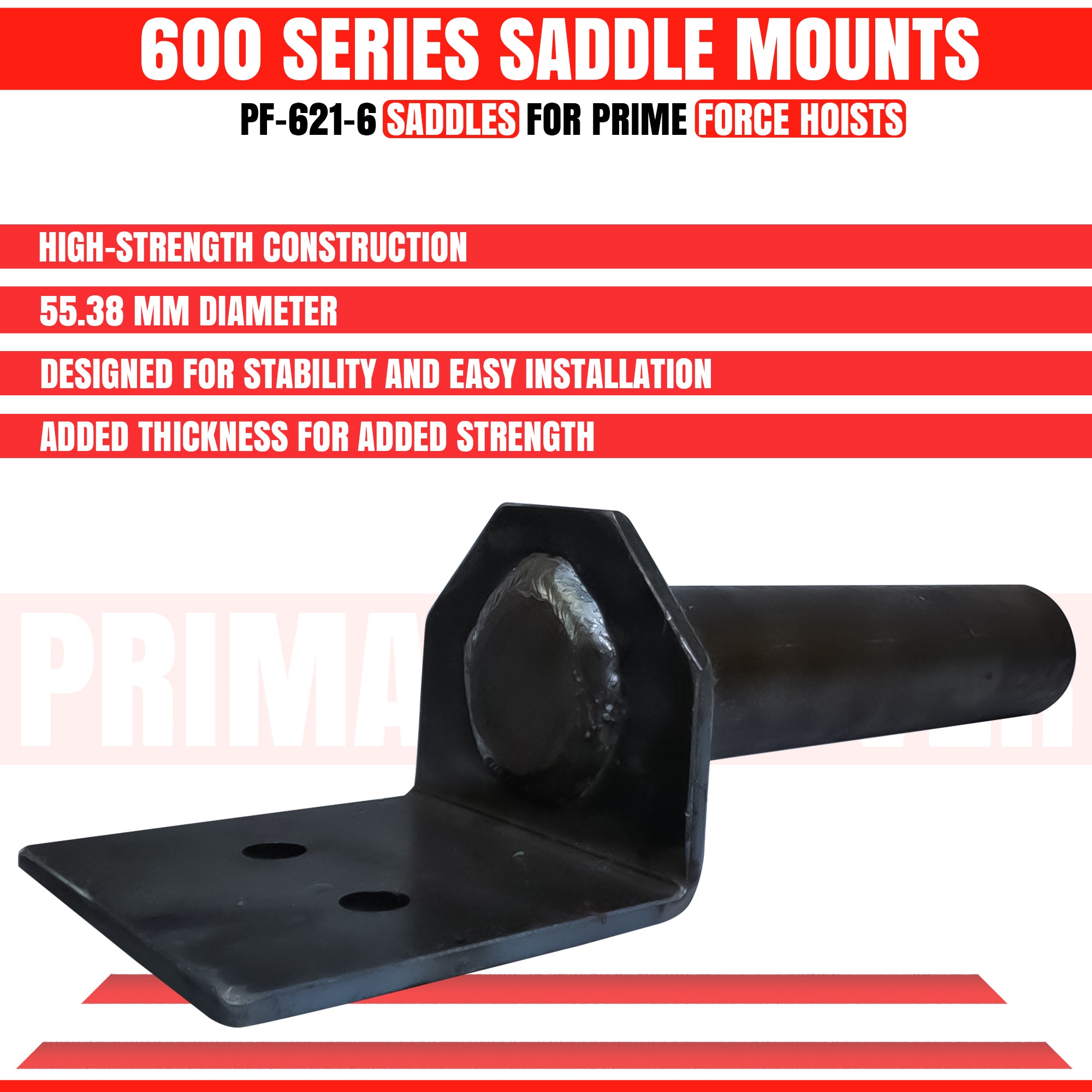 Lower hoist hardware for dump bed kits, featuring a sturdy metal pole with a bolt and a black saddle mount for secure hydraulic support.