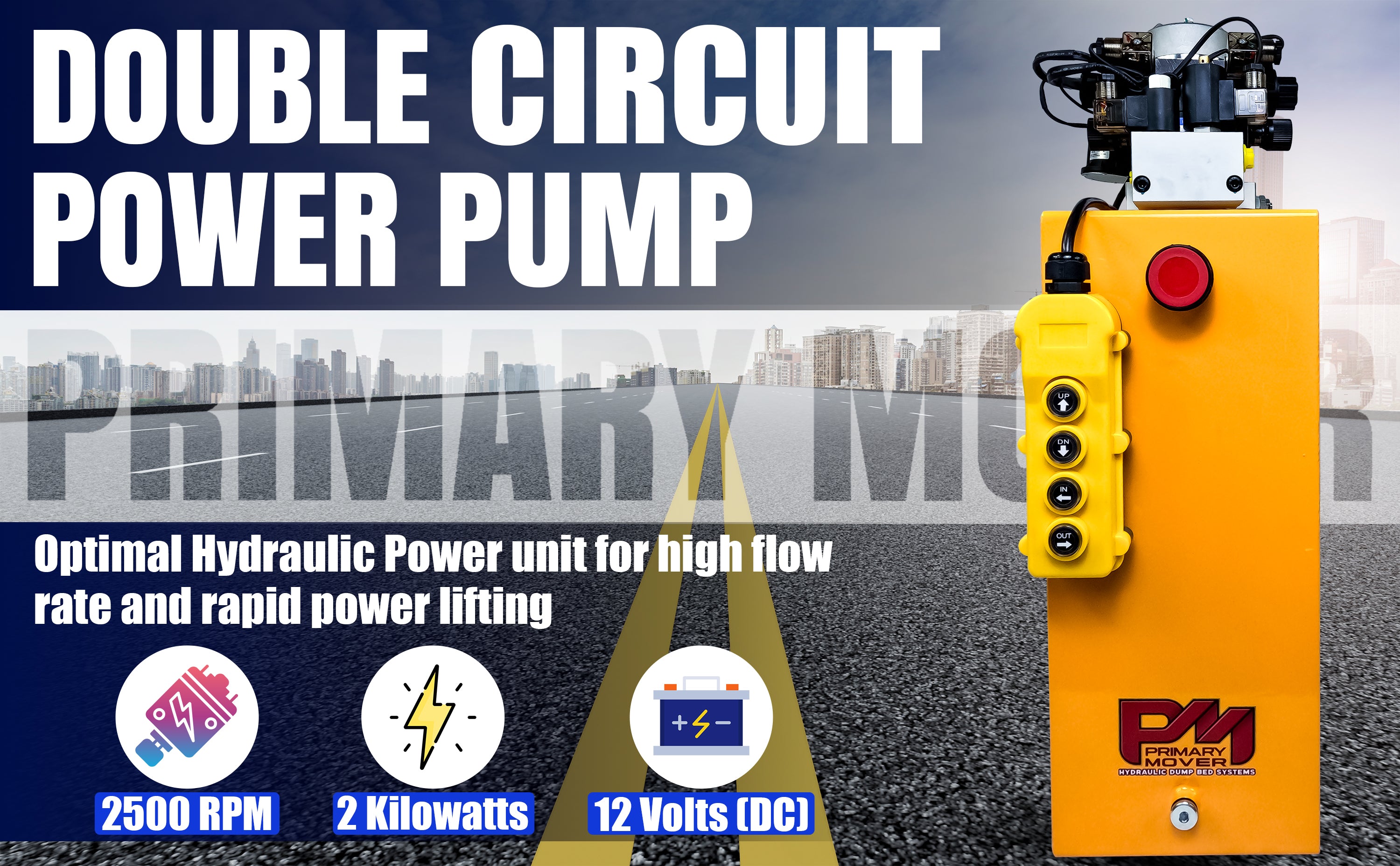 Primary Mover 12Vdc Single Double Pump shown with cityscape backdrop, featuring hydraulic components designed for versatile single and dual-acting functions.