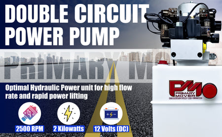 Primary Mover 12Vdc Single Double Pump, featuring a white container, black wires, and a compact, robust design for versatile hydraulic applications.