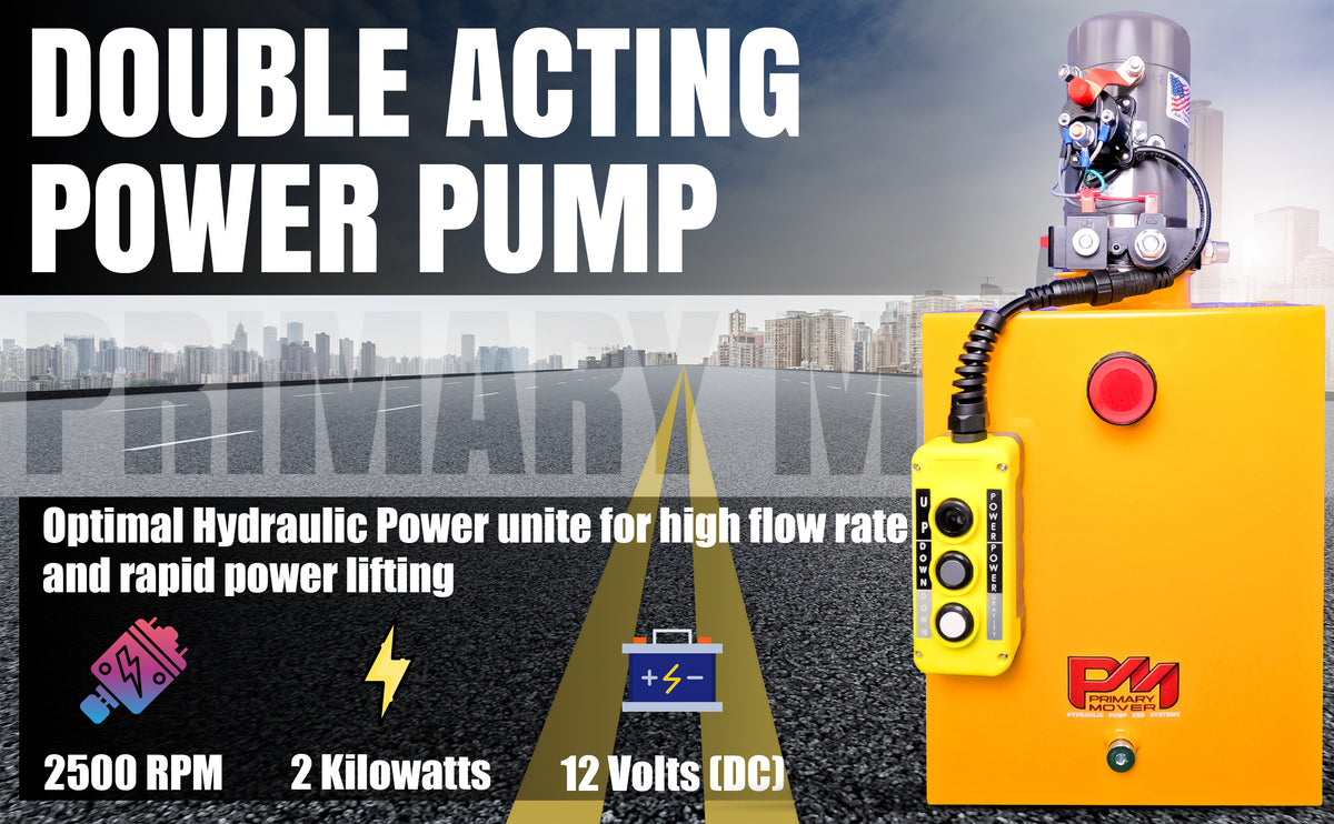 KTI 12V Double-Acting Hydraulic Pump - Steel Reservoir with control buttons, cable, and compact design for efficient lifting and lowering in hydraulic dump bed systems.