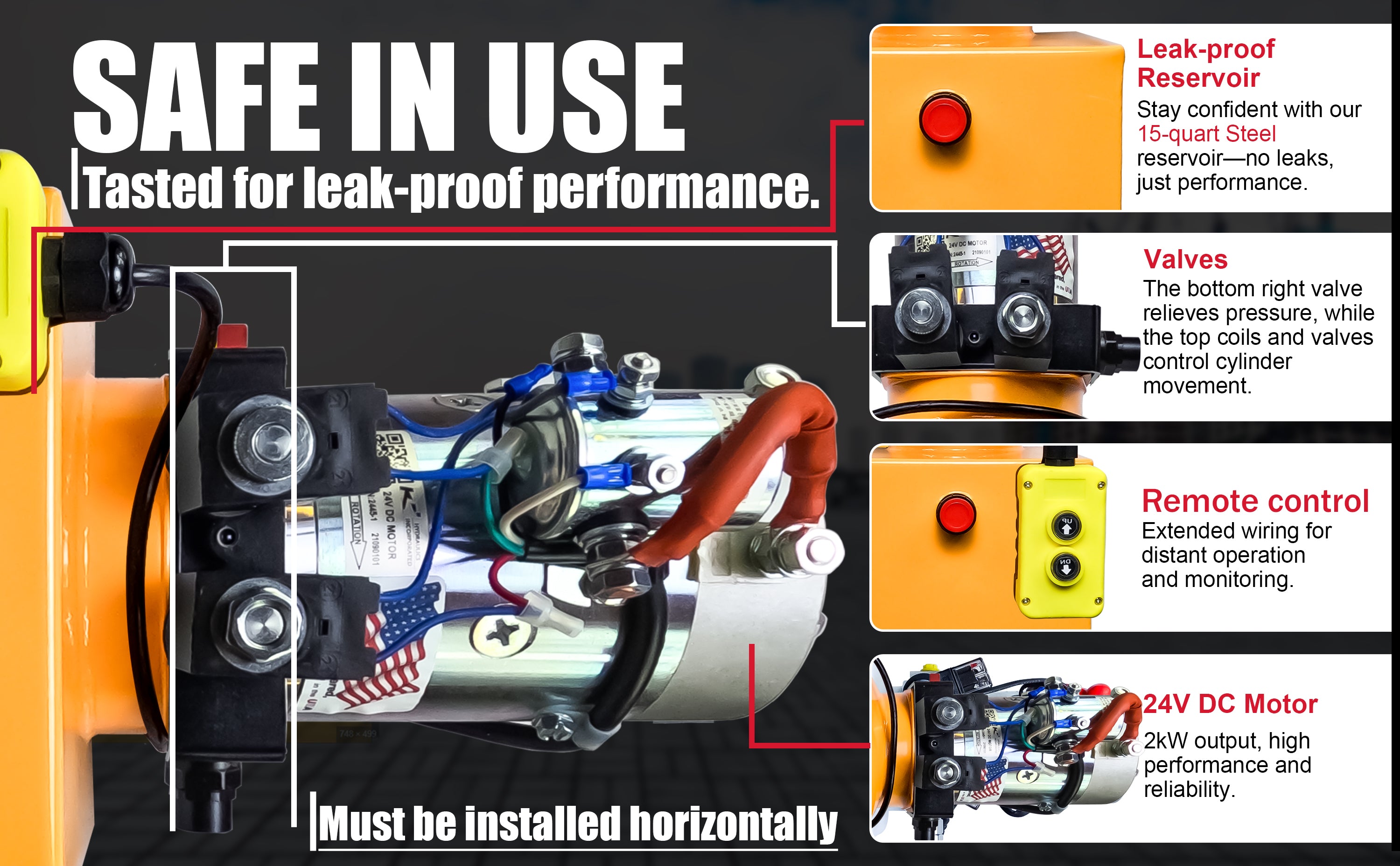 Close-up of the KTI 24Vdc Double Acting Hydraulic Power Unit with steel reservoirs, highlighting the detailed machinery and control buttons on its yellow surface.