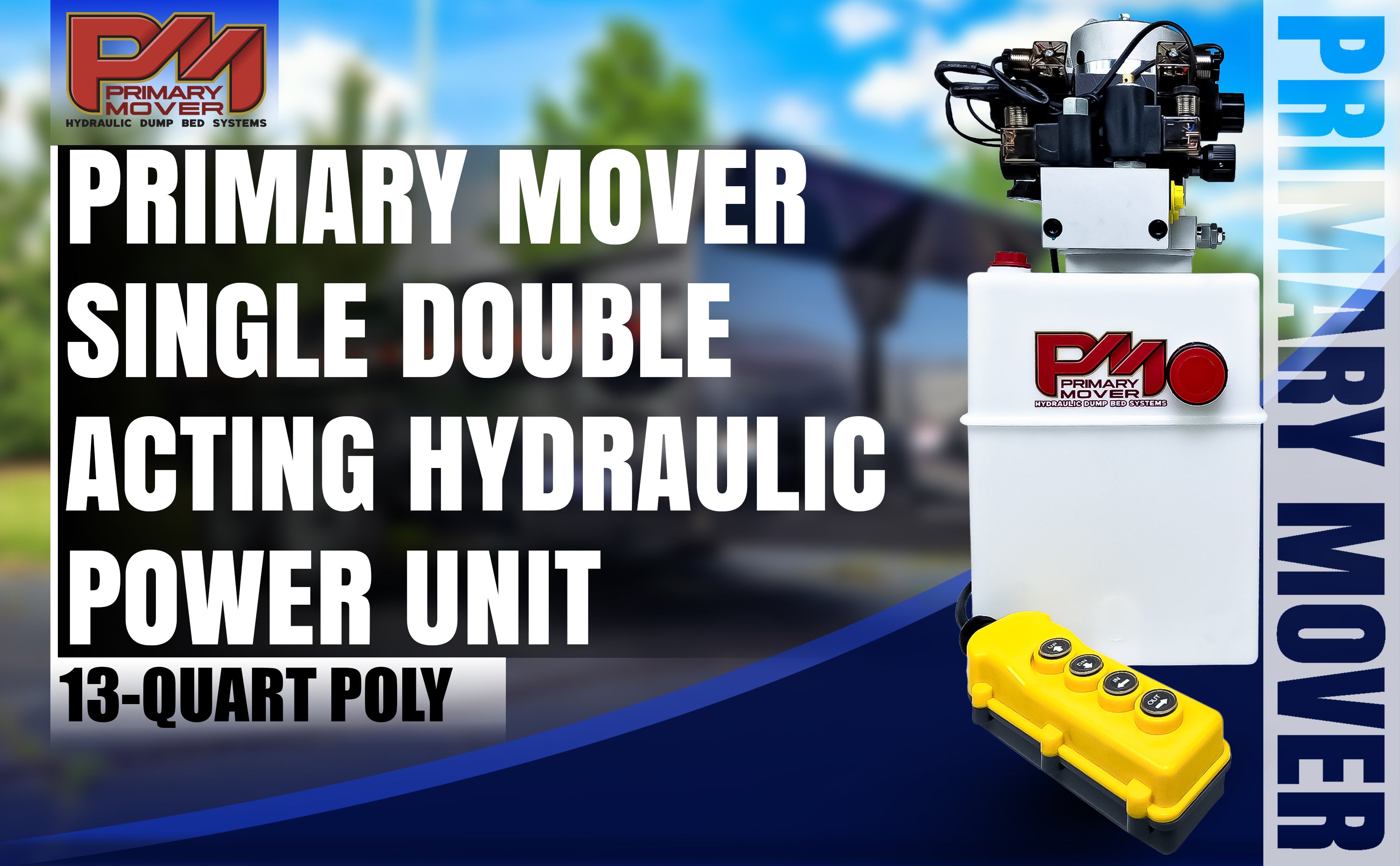 Primary Mover 12Vdc Single Double Pump with yellow handle and control buttons, designed for versatile hydraulic applications and easy integration with existing systems.