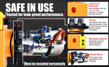 Close-up of the KTI 24Vdc Double Acting Hydraulic Power Unit with steel reservoirs, highlighting machine components and a prominent red button on a yellow surface.