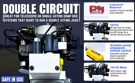 Primary Mover 12Vdc Single Double Pump close-up, showcasing its robust design with visible buttons and labels, highlighting its versatile hydraulic functions.