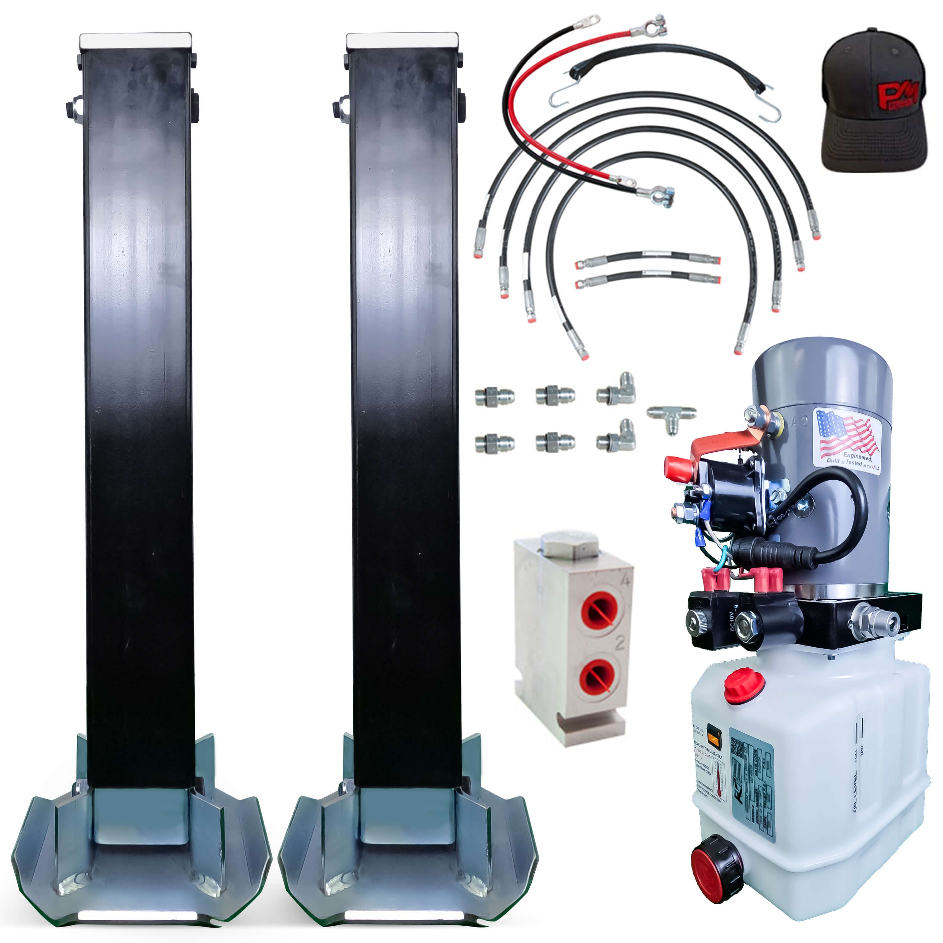 24k Double Hydraulic Trailer Jack Leg Kit Weld On or Bolt On featuring a robust machine with hoses and hydraulic components for efficient trailer lifting and stability.