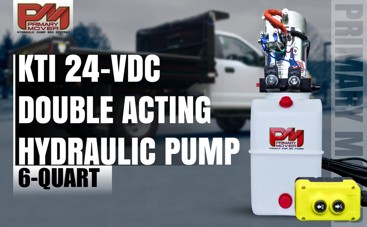 KTI 24Vdc Double Acting Hydraulic Power Unit with poly reservoirs, featuring red and blue buttons, designed for dump trucks, trailers, and 24-volt military trucks.