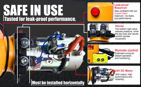 Close-up of the KTI 24Vdc Double Acting Hydraulic Power Unit with Steel Reservoirs, highlighting intricate machine parts and a red button on the unit.