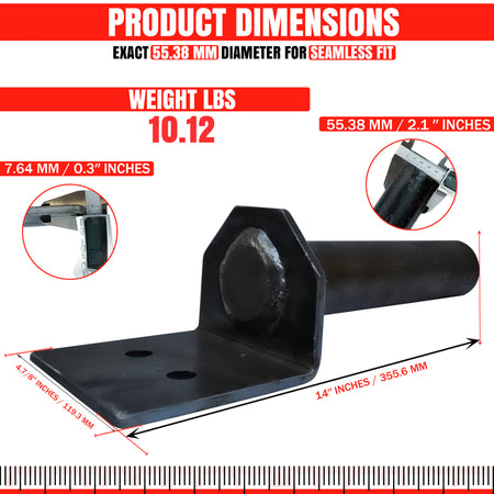 Hoist Hardware 621-6 Series Dump Bed Kit Saddles (Lower) showing a black metal piece with a hexagon-shaped end, measured with a caliper for precision.