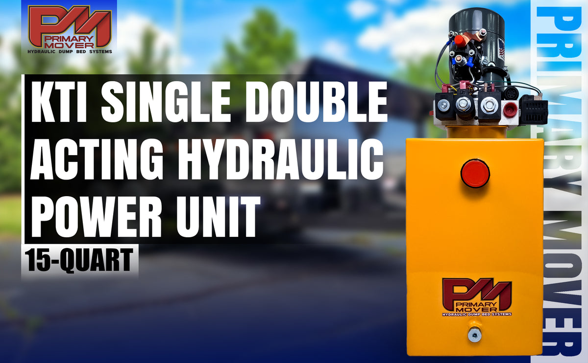 KTI 12Vdc Single/Double Hydraulic Power Unit featuring a yellow box with a red button and a round metal cylinder, ideal for dump trailers.