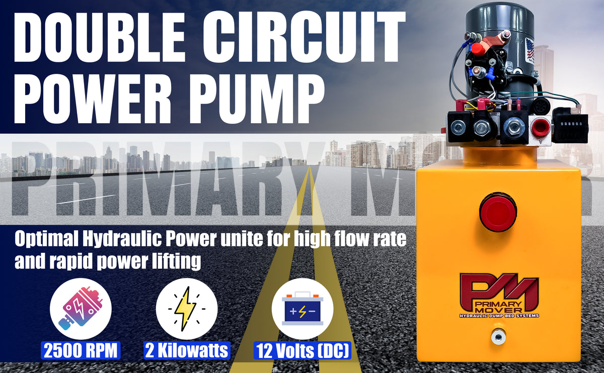 KTI 12vdc Single/Double Hydraulic Power Unit featuring a yellow machine with red buttons, ideal for versatile hydraulic applications including dump trailers and jack integration.