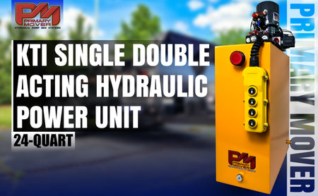 KTI 12vdc Single/Double Hydraulic Power Unit with black buttons and wires, ideal for hydraulic applications, featuring dual functionality for single-acting dump trailers and double-acting jacks.