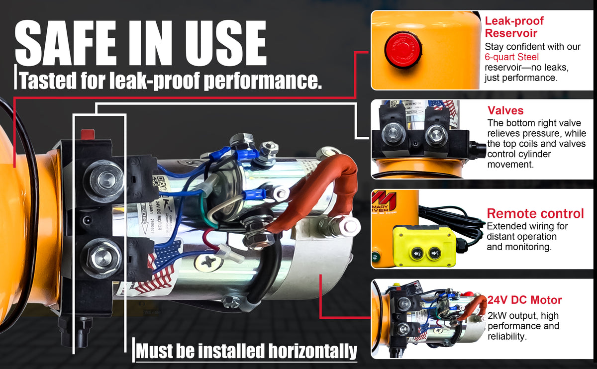 Close-up of KTI 24Vdc Double Acting Hydraulic Power Unit with Steel Reservoirs, featuring a red button and black buttons on the machine.