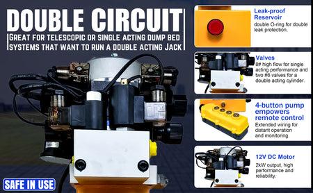 Primary Mover 12Vdc Single Double Pump close-up, showing robust construction with buttons and a hydraulic interface, highlighting its versatile single-acting and dual-acting functions.