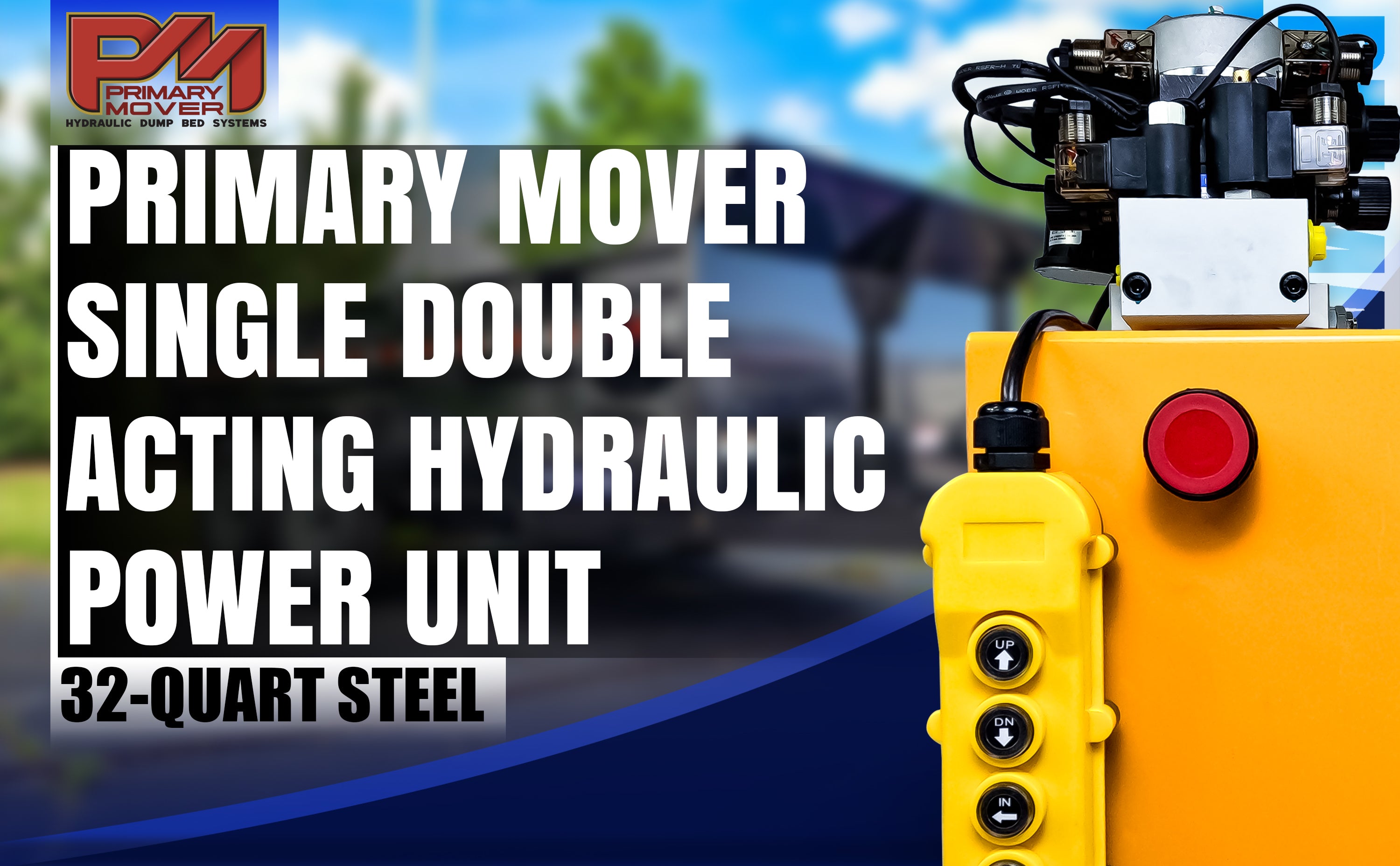 Primary Mover 12Vdc Single Double Pump, featuring a yellow body, black buttons, and designed for versatile hydraulic applications with both single-acting and dual-acting functions.