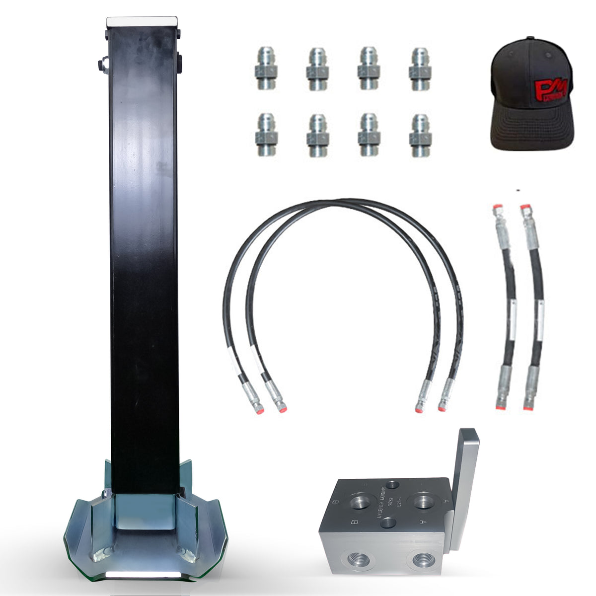 12k Single Hydraulic Trailer Jack Add-On Kit Weld On or Bolt On with hydraulic system, load holding valve, and multiple hoses and fittings visible.