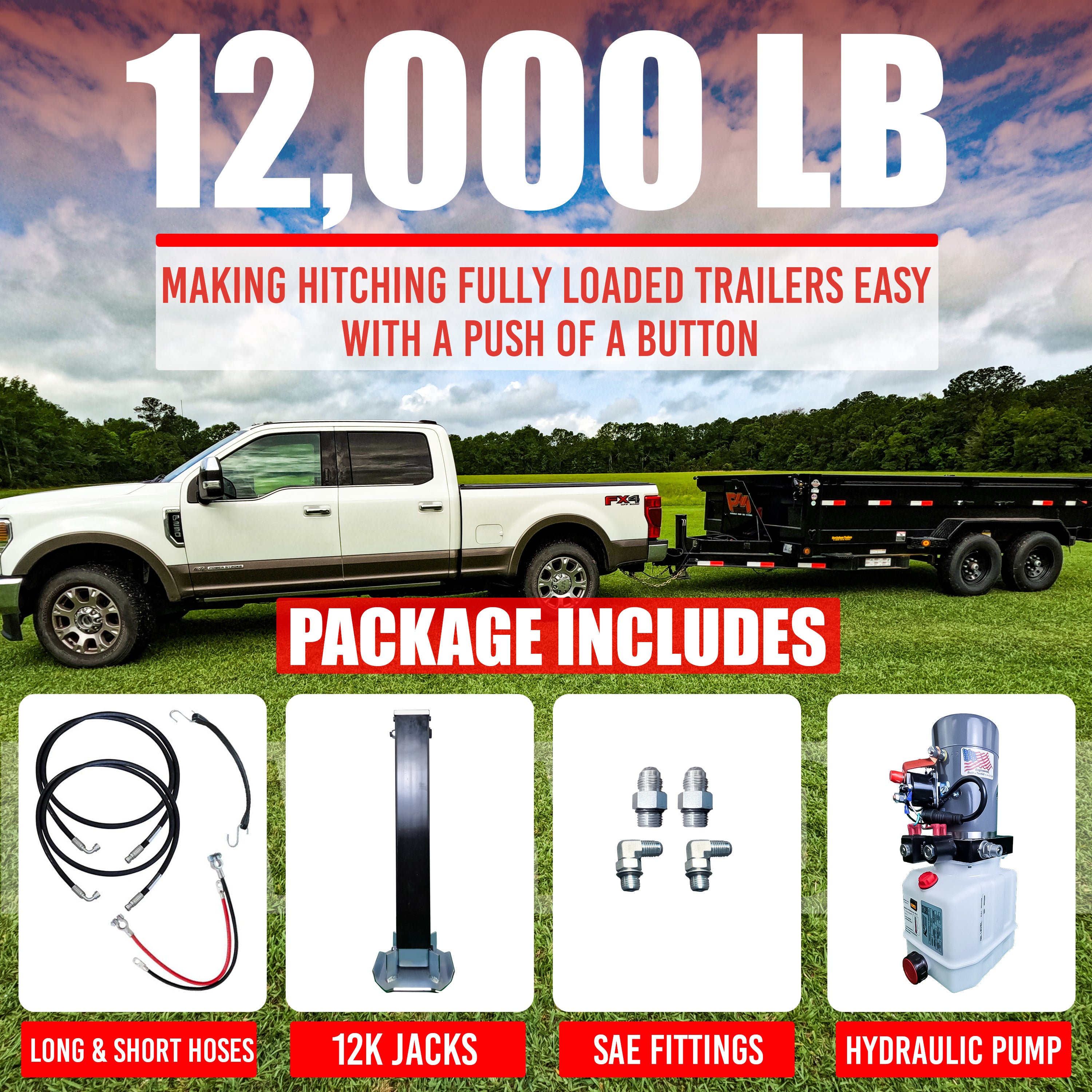 12k Single Hydraulic Trailer Jack Leg Kit, shown attached to a white truck and trailer, with visible hydraulic components and cables for lifting heavy loads efficiently.