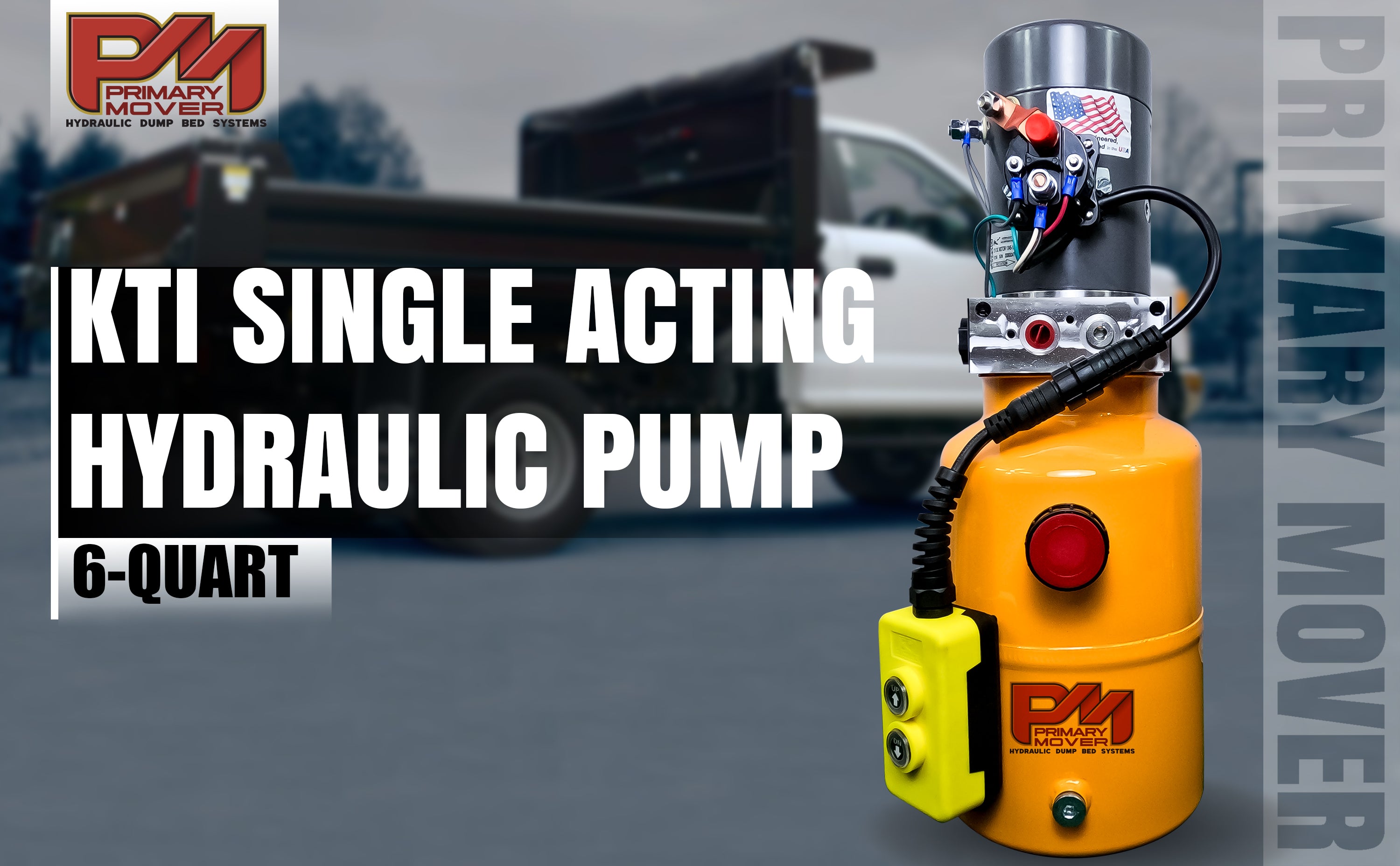 KTI 12V Single-Acting Hydraulic Pump with Steel Reservoir, designed for hydraulic dump bed systems. Features durable construction and compact design for efficient operation.