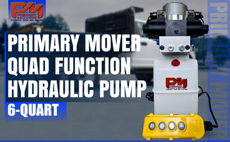 Primary Mover 12V Dual Double-Acting Hydraulic Power Unit for dump trailers and trucks, offering quad power functionality for versatile hydraulic operations.