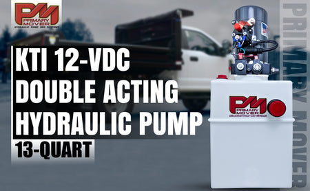 KTI 12V Double-Acting Hydraulic Pump with Poly Reservoir, showcasing its compact design and mechanical components for hydraulic dump bed systems.