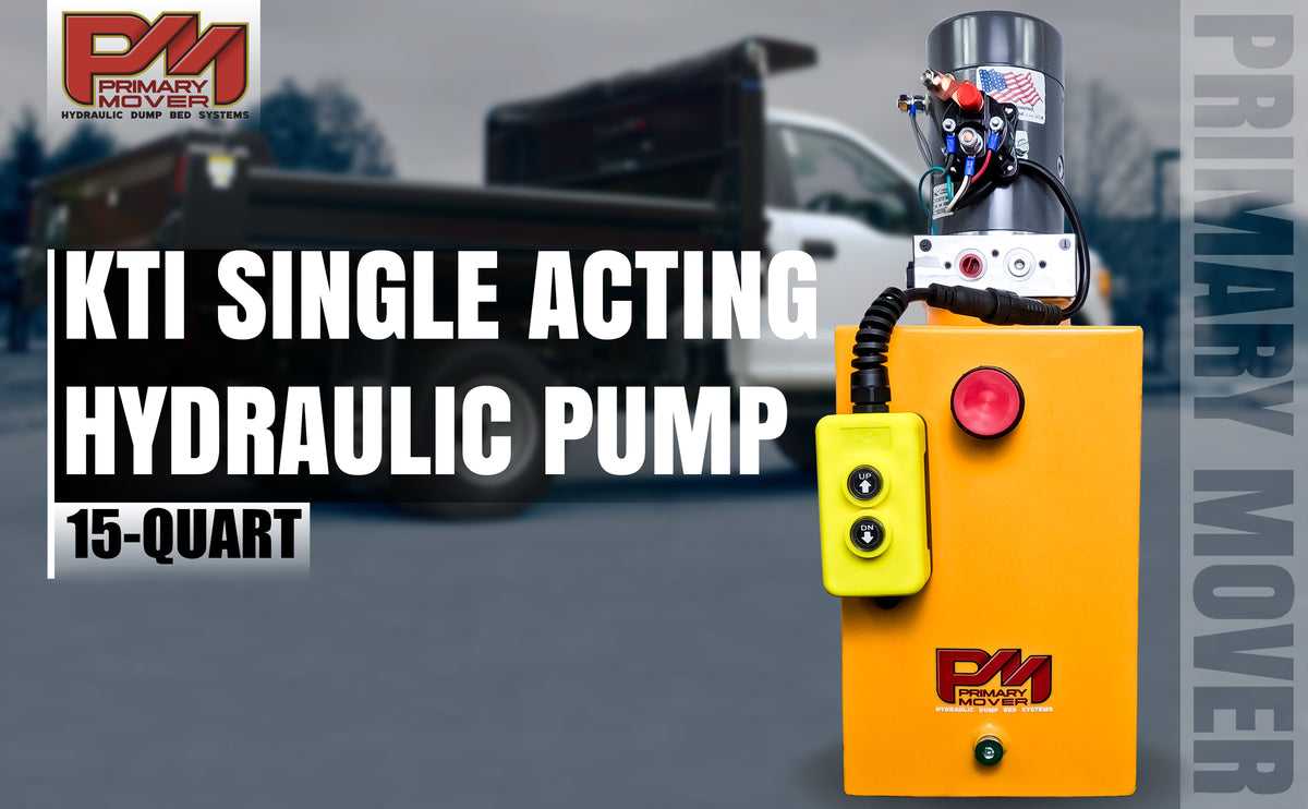 KTI 12V Single-Acting Hydraulic Pump - Steel Reservoir, featuring a compact, durable design with red buttons and a clear, user-friendly interface for efficient dump bed operations.