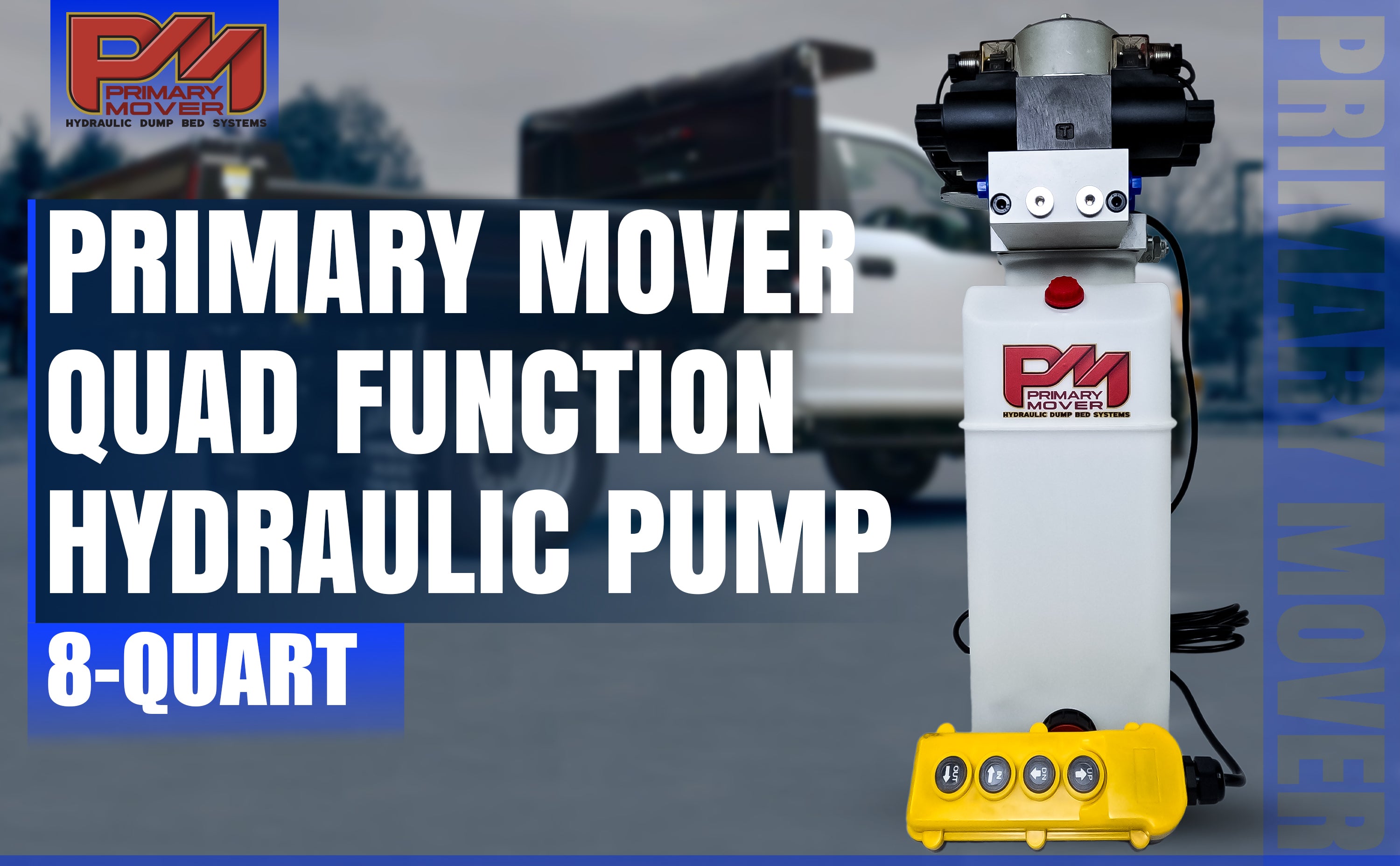 Primary Mover 12V Dual Double-Acting Hydraulic Power Unit: Compact, robust unit for dump trailers and trucks, enabling four hydraulic actions simultaneously.