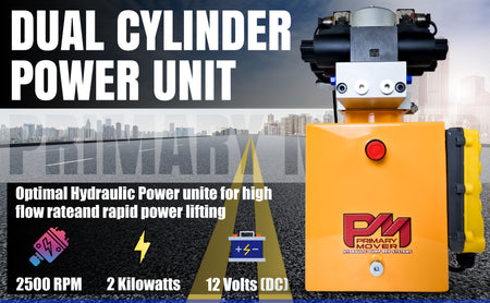 Compact Dual Double Hydraulic Power Unit for dump trailers and trucks, enabling four hydraulic actions simultaneously. Robust construction for heavy-duty use. Used for any truck or trailer application. 1/2 ton truck dump bed kit.