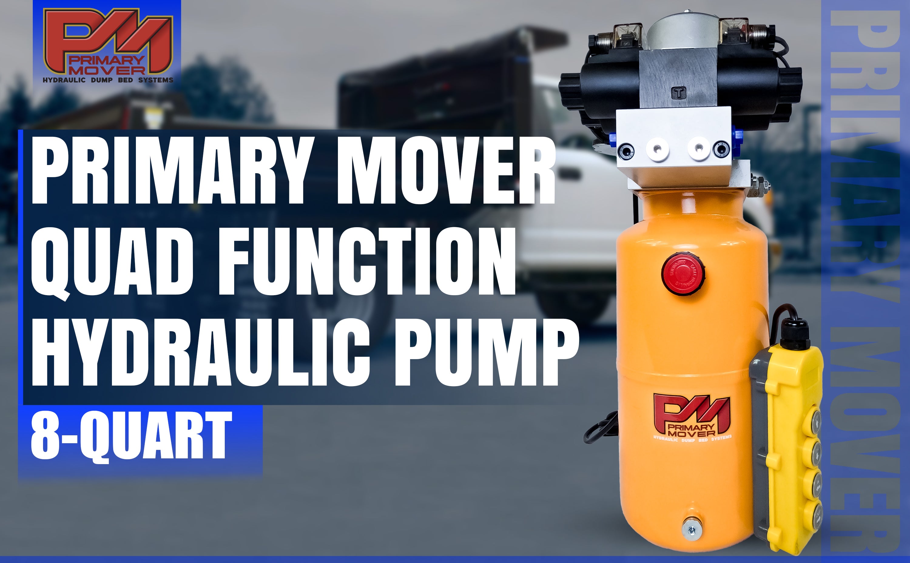 Primary Mover 12V Dual Double-Acting Hydraulic Power Unit: Compact, efficient solution for dump trailers and trucks, enabling four hydraulic actions simultaneously. Built for durability and versatile applications. Used for any truck or trailer application