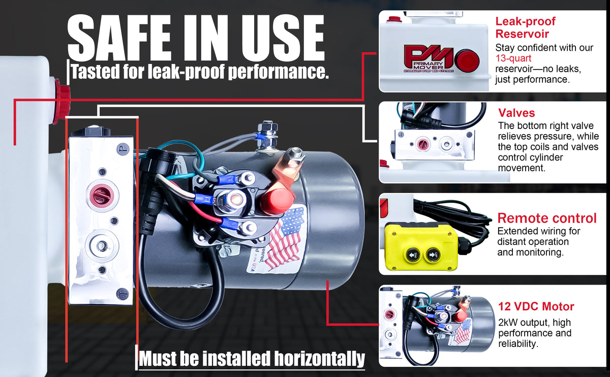 KTI 12V Single-Acting Hydraulic Pump - Poly Reservoir, close-up view showcasing its compact and efficient design, essential for hydraulic dump bed systems.