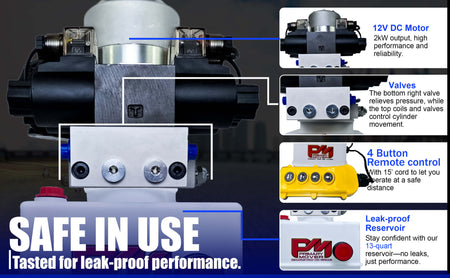 Primary Mover 12V Dual Double-Acting Hydraulic Dump Trailer Pump (Poly) close-up, showcasing compact design and robust construction with visible control interface and hydraulic connections.