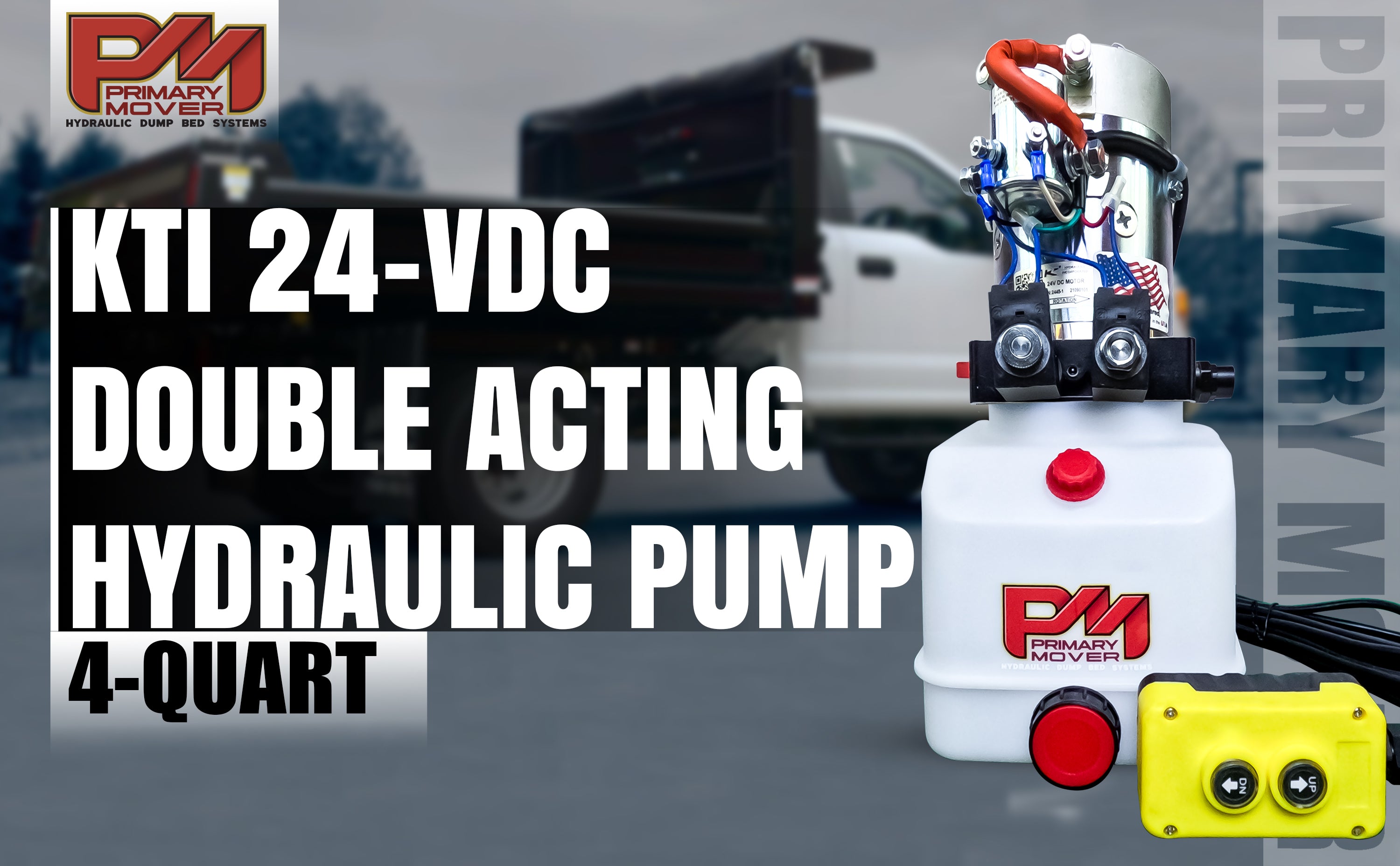 KTI 24Vdc Double Acting Hydraulic Power Unit with poly reservoirs, featuring red buttons, compact design, and a high-performance motor for dump trucks and trailers.