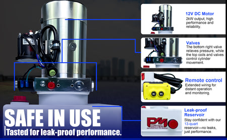 DLH 12V Single-Acting Hydraulic Pump - Poly Reservoir, close-up of the durable machine featuring a red button and yellow box with black wires, designed for efficient hydraulic operations.