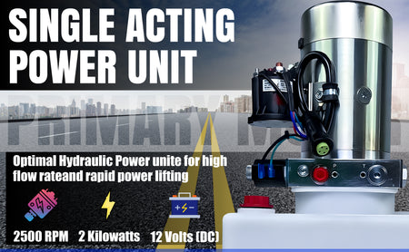 DLH 12V Single-Acting Hydraulic Pump with Poly Reservoir, featuring a compact design, visible wires, and a red button, suitable for dump bed trailers and trucks.