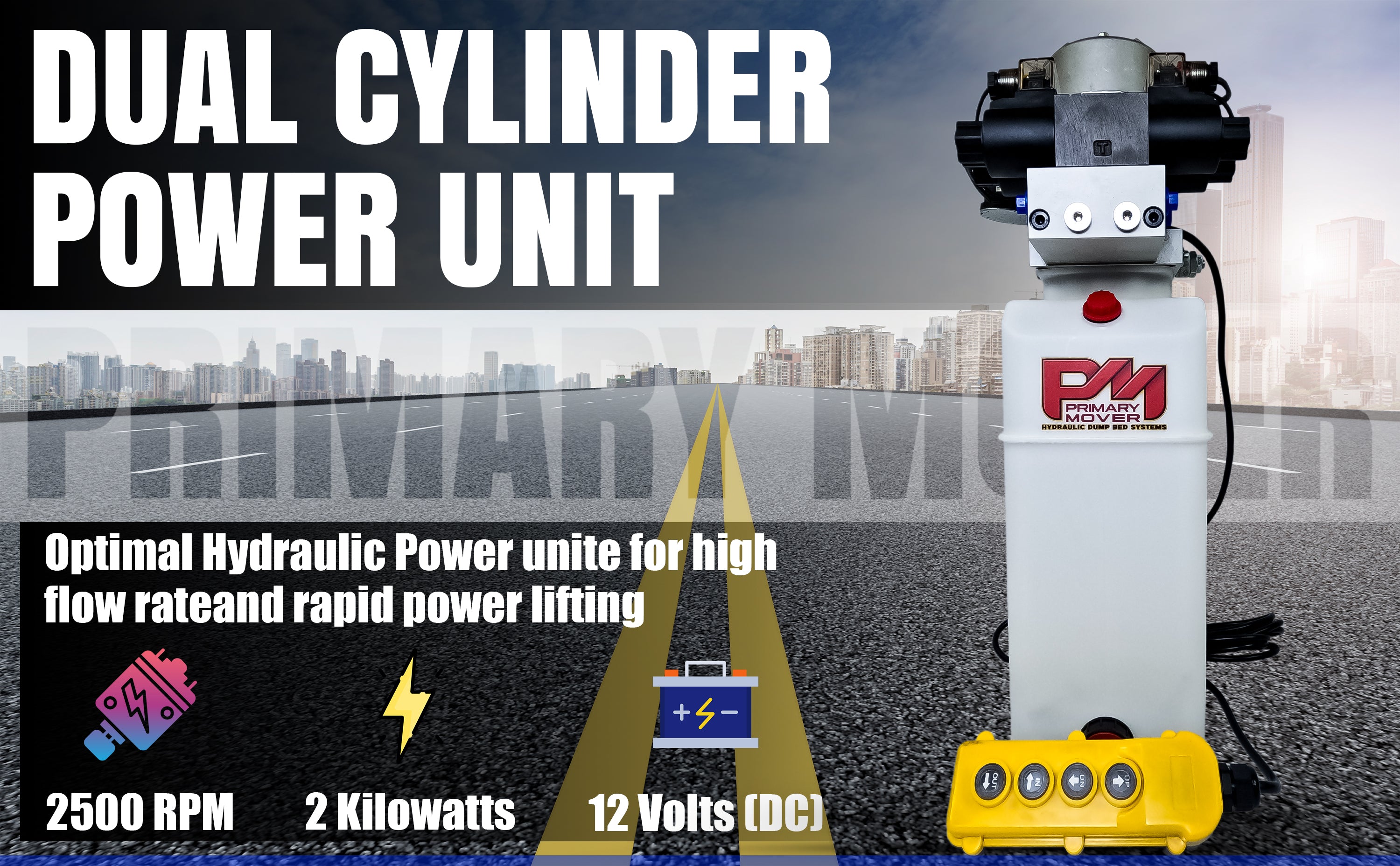 Compact Dual Double Hydraulic Power Unit from PrimaryMover.com: Quad power capability for dump trailers and trucks, robust construction, user-friendly controls, and versatile applications.