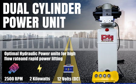 Compact Dual Double Hydraulic Power Unit from PrimaryMover.com: Quad power capability for dump trailers and trucks, robust construction, user-friendly controls, and versatile applications.