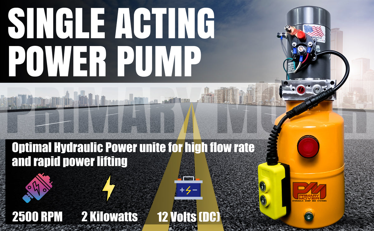 KTI 12V Single-Acting Hydraulic Pump - Steel Reservoir with a man operating it, ideal for hydraulic dump bed systems, featuring robust and efficient performance.