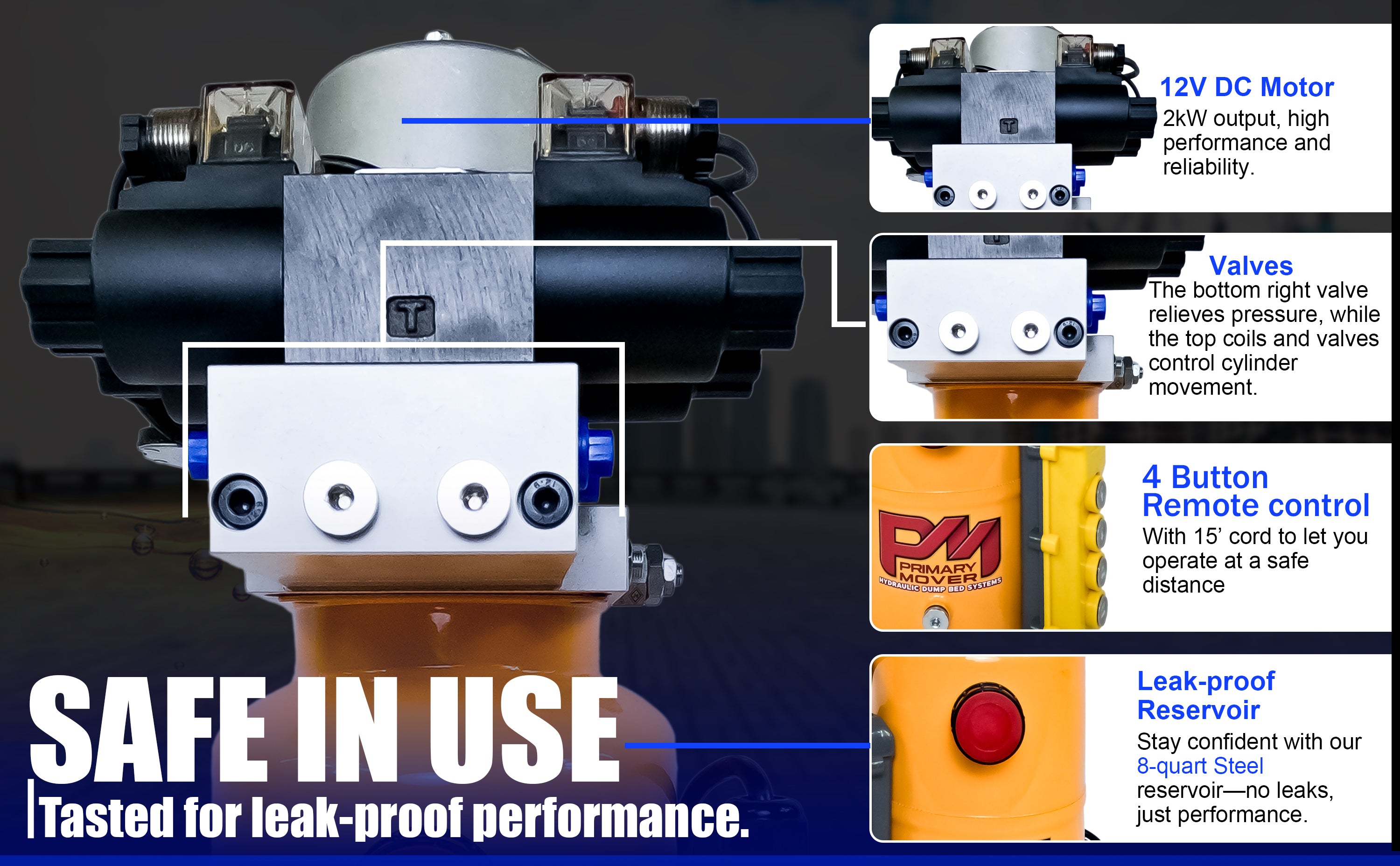 Close-up of Primary Mover 12V Dual Double-Acting Hydraulic Power Unit, showcasing compact design and robust construction for versatile hydraulic operations. Used for any truck or trailer application. 1/2 ton truck dump bed kit.