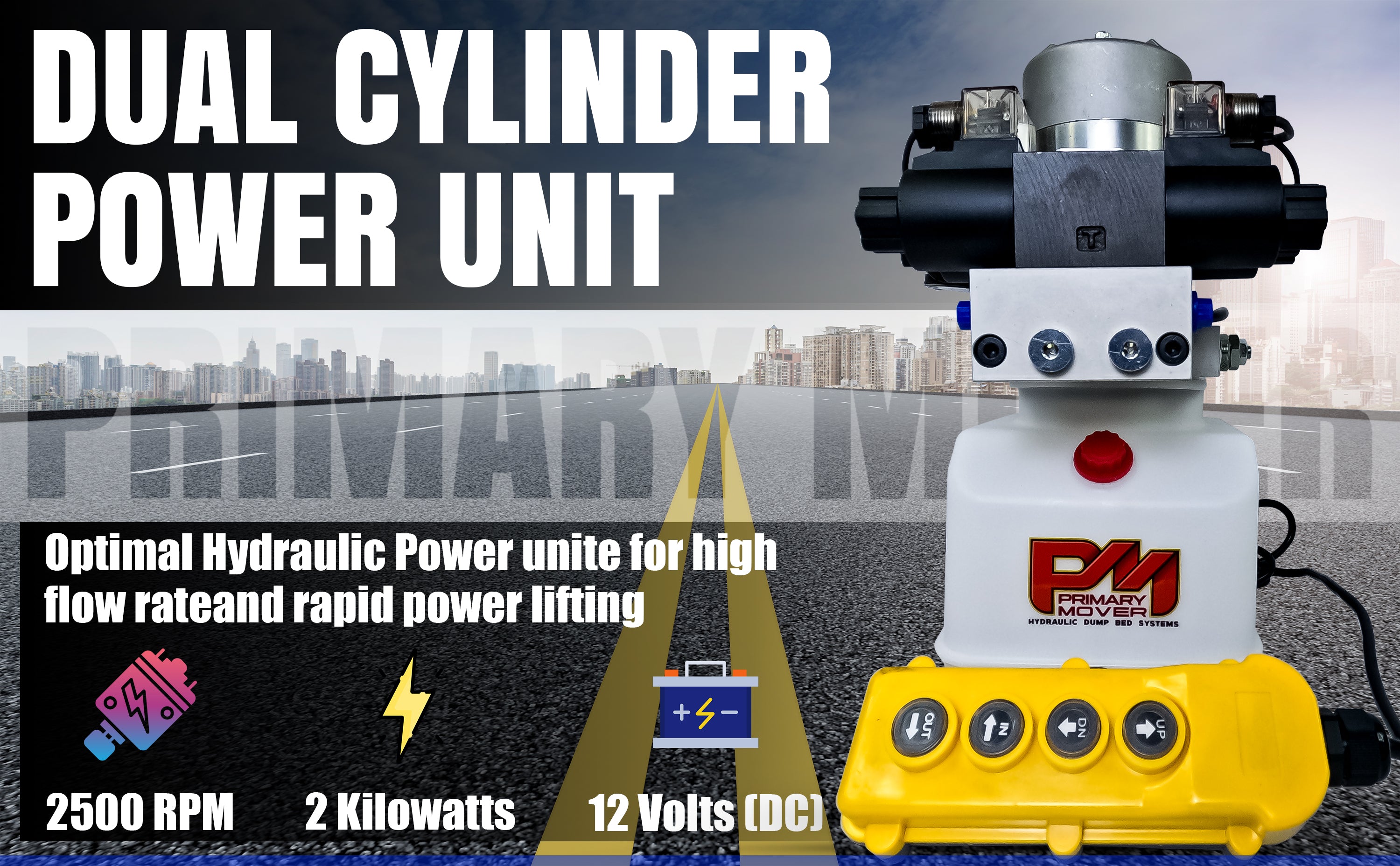 Primary Mover 12V Dual Double-Acting Hydraulic Power Unit in action, showcasing quad power capability for dump trailers and trucks.