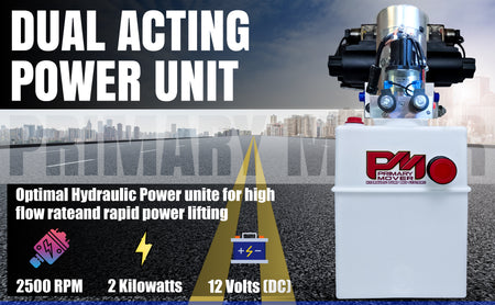 DLH 12V Double-Acting Hydraulic Pump - Poly Reservoir shown on a road, featuring a robust white machine with visible text and a red container.