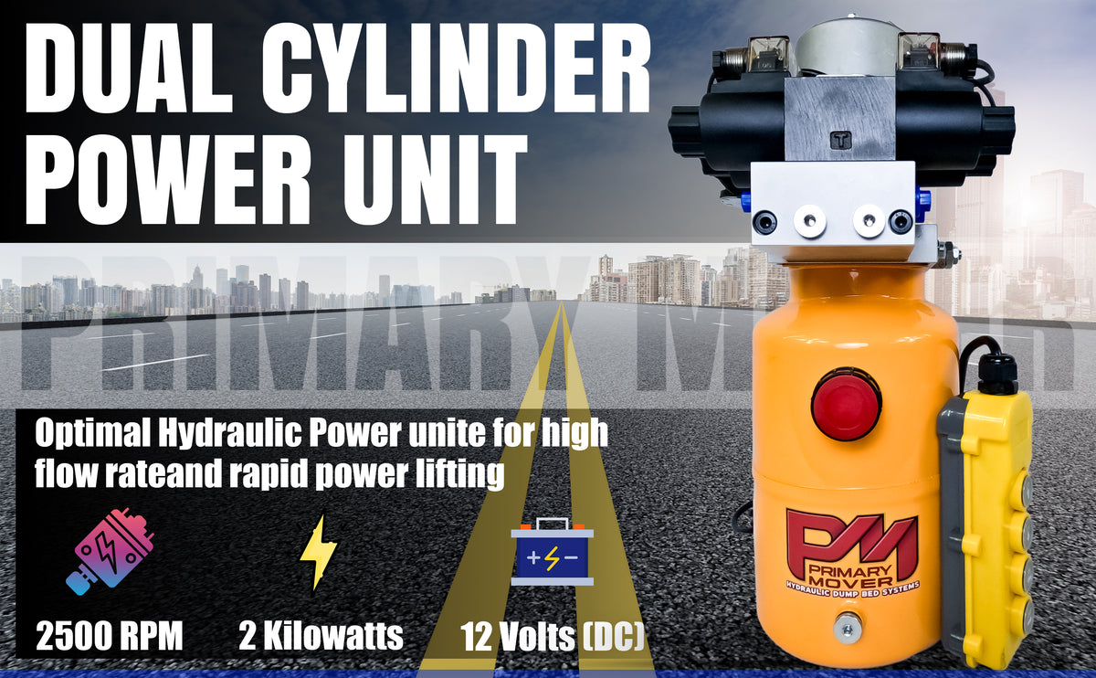 Compact and powerful Primary Mover 12V Dual Double-Acting Hydraulic Power Unit for dump trailers and trucks, enabling four hydraulic actions simultaneously. Used for any truck or trailer application. 1/2 ton truck dump bed kit.